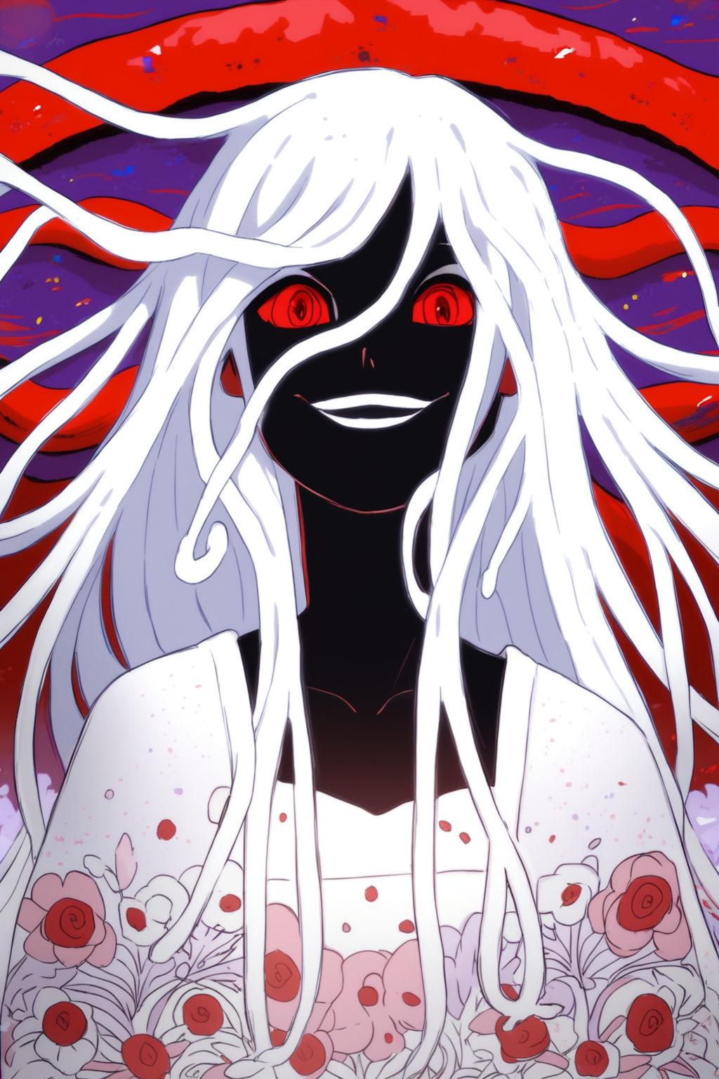 (score_9,score_8_up,score_7_up,),<lora:nadeko-000025:1>,nadeko white,white hair,long hair,red eyes,snake hair,white dress,(portrait:1.1),<lora:f3nn3rXLP:0.8>,f3nn3r,colourful,pink,blue,black,red,trippy,evil smile,
