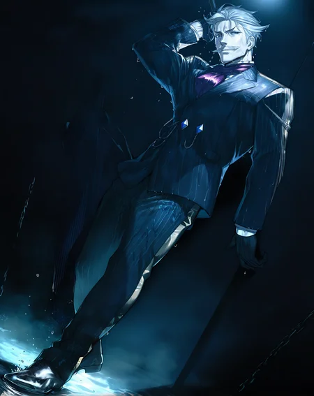 realistic shading,dark environment,dim lighting,expressive face,looking at viewer,1boy,facial hair,male focus,mustache,vertical stripes,pinstripe suit,pants,full body,gloves,striped pants,shoes,<lora:MLYDIIL:0.9>,manly,dynamic angle,masterpiece,best quality,wet,imposing,dynamic angle,intricately detailed illustration,masterpiece,best quality,amazing quality,very aesthetic,absurdres,newest,, score _9,score_8_up, score_7_up,source_anime,rating_explicit,