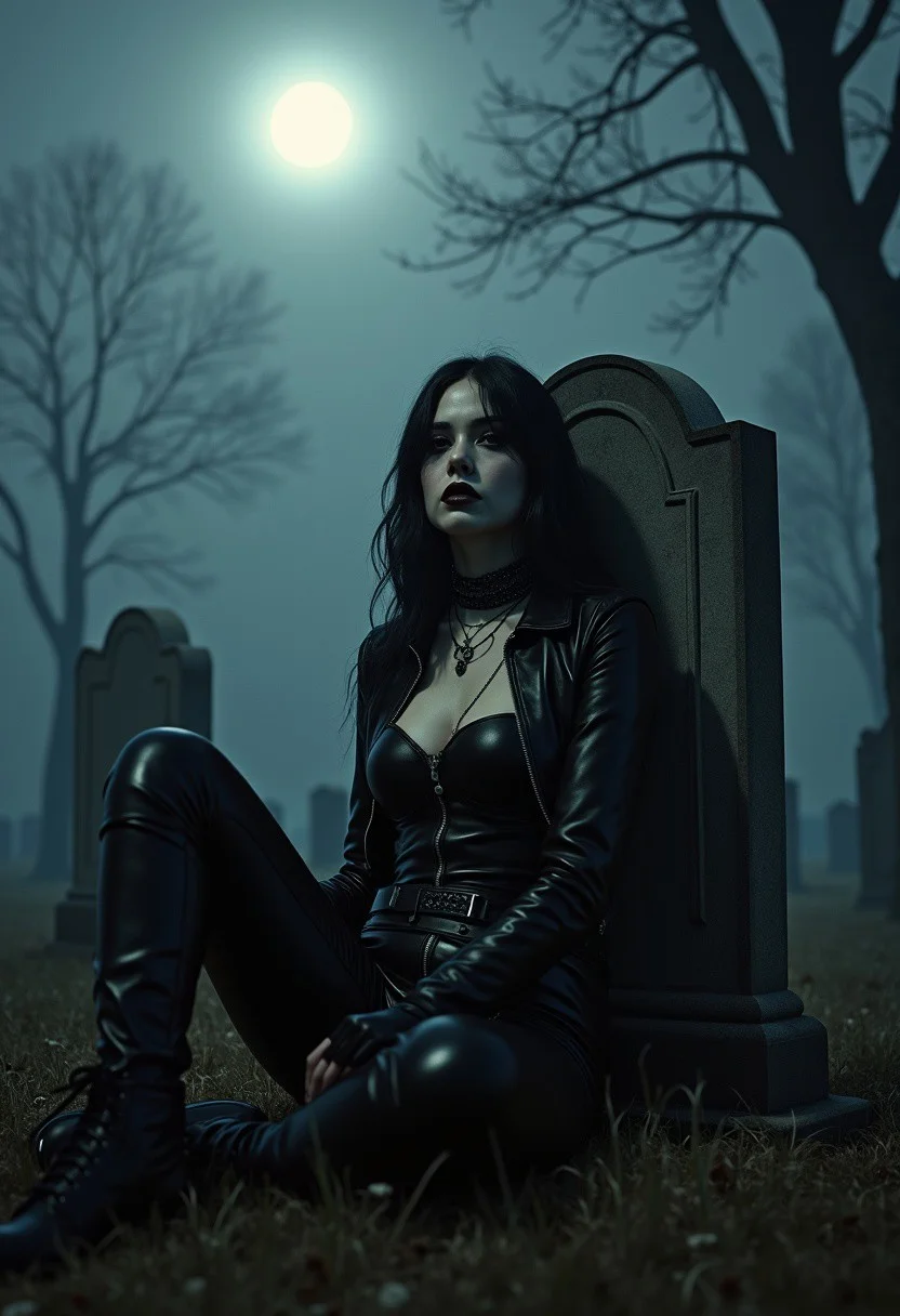 A highly detailed, waist-up portrait of a 22-year-old buxom goth girl sitting next to a tombstone, graveyard at midnight, the night after Halloween, (((The inscription on the gravestone reads "BUZZ IN PEACE"))), The setting is super dark, with the moon as the only light source casting a soft glow over her pale makeup, smoky eyes, and black hair, which gleams in the moonlight. She wears tight black leather clothes that highlight her figure, emphasizing her massive cleavage and D-cup breasts. Fog drifts eerily over the graves, and shadows from leafless trees create dramatic patterns across her chest. Her perfect hands rest elegantly, and her evil smile adds a haunting allure. Captured with a Kodak Portra 800 on a Hasselblad 500 with a 55mm f/3.5 lens, the photograph features extreme depth of field, high contrast, and a natural skin texture. The scene has an award-winning cinematic quality with Ultra HD, HDR, and 8K resolution, illuminated by available moonlight only, with no artificial flash. Shadows and light interplay create a moody, ethereal atmosphere, enhancing the haunting beauty of the moment.