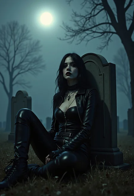 A highly detailed, waist-up portrait of a 22-year-old buxom goth girl sitting next to a tombstone, graveyard at midnight, the night after Halloween, (((The inscription on the gravestone reads "BUZZ IN PEACE"))), The setting is super dark, with the moon as the only light source casting a soft glow over her pale makeup, smoky eyes, and black hair, which gleams in the moonlight. She wears tight black leather clothes that highlight her figure, emphasizing her massive cleavage and D-cup breasts. Fog drifts eerily over the graves, and shadows from leafless trees create dramatic patterns across her chest. Her perfect hands rest elegantly, and her evil smile adds a haunting allure. Captured with a Kodak Portra 800 on a Hasselblad 500 with a 55mm f/3.5 lens, the photograph features extreme depth of field, high contrast, and a natural skin texture. The scene has an award-winning cinematic quality with Ultra HD, HDR, and 8K resolution, illuminated by available moonlight only, with no artificial flash. Shadows and light interplay create a moody, ethereal atmosphere, enhancing the haunting beauty of the moment.