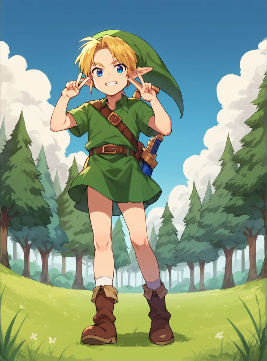 score_9, score_8_up, score_7_up, score_6_up, score_5_up, score_4_up , source_anime, anime screencap <lora:Young_linkPony-03:1>younglinkxl,younglink, 1boy, blonde hair, male focus, pointy ears, hat, solo, blue eyes,smile, skirt,, sword, double_v outdoors, hat