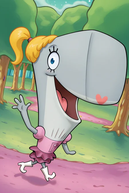 masterpiece, best quality, amazing quality, absurdres, solo, pearlkrabs, grey skin, smile, open mouth, waving, walking, dutch angle, looking at viewer, blonde hair, ponytail, pink dress, purple skirt, white heels, outdoors, park, trees, grass