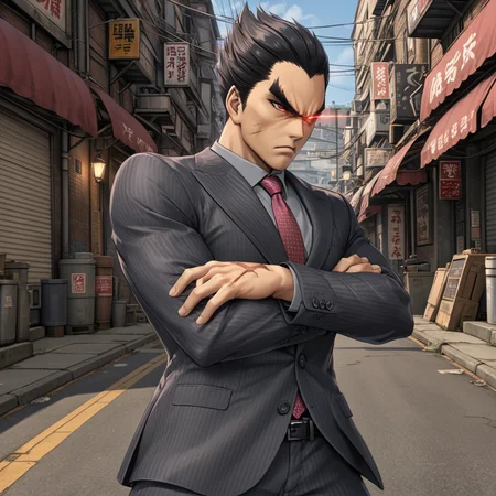 man standing in a street alley in fighting pose, <lora:Kazuya_Mishima_Tekken_XL:.7> kzymtk, 1boy, solo, male focus, black hair, pants,  scar, standing, glowing eye, (formal, necktie:1), glowing, crossed arms, thick eyebrows, red eyes, (anime, masterpiece, intricate:1.3), (best quality, hires textures, high detail:1.2), (4k),(incredibly detailed:1.4),UHD, 8K, ultra detailedâââ