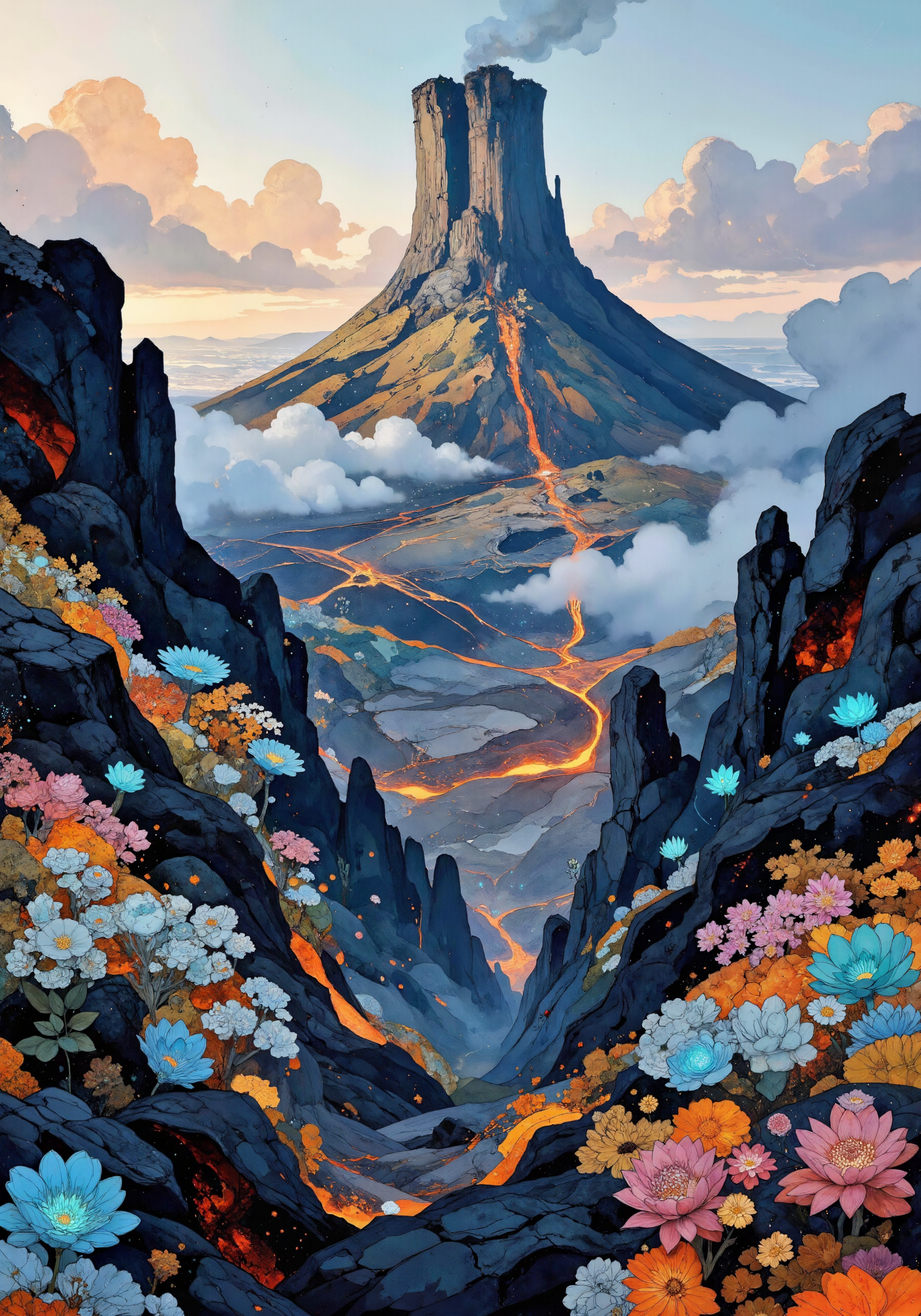 A towering volcanic plateau on a rugged boundary emerges amid alien flora and natural wonders. Translucent moss cascades over iridescent basalt crags, intermingled with glowing bioluminescent fungi and shimmering crystalline formations. A surreal watercolor sky drenches the scene in pastel hues, while soft, dreamlike fog mutes the rugged detail. Warm embers from flowing lava contrast with the cool luminescence of ethereal firefly clusters scattered across the enchanted volcanic forest. Whimsical, fantastical creatures meander among intricate organic textures and cosmic lightning flickers in the distant horizon. Ultra-detailed 8K quality, masterpiece rendering, and atmospheric luminescence merge nature's raw power with an otherworldly, imaginative fantasy, creating a transcendent and hyper-realistic visual experience. <lora:Illustration concept V1:0.8> <lora:flux_ptchkrawk:0.7> <lora:Organic Sauce - FLUX:0.5> <lora:Illustration concept Variant 3A:0.3> <lora:Chris_Luka:0.5> <lora:flux_dev:1>