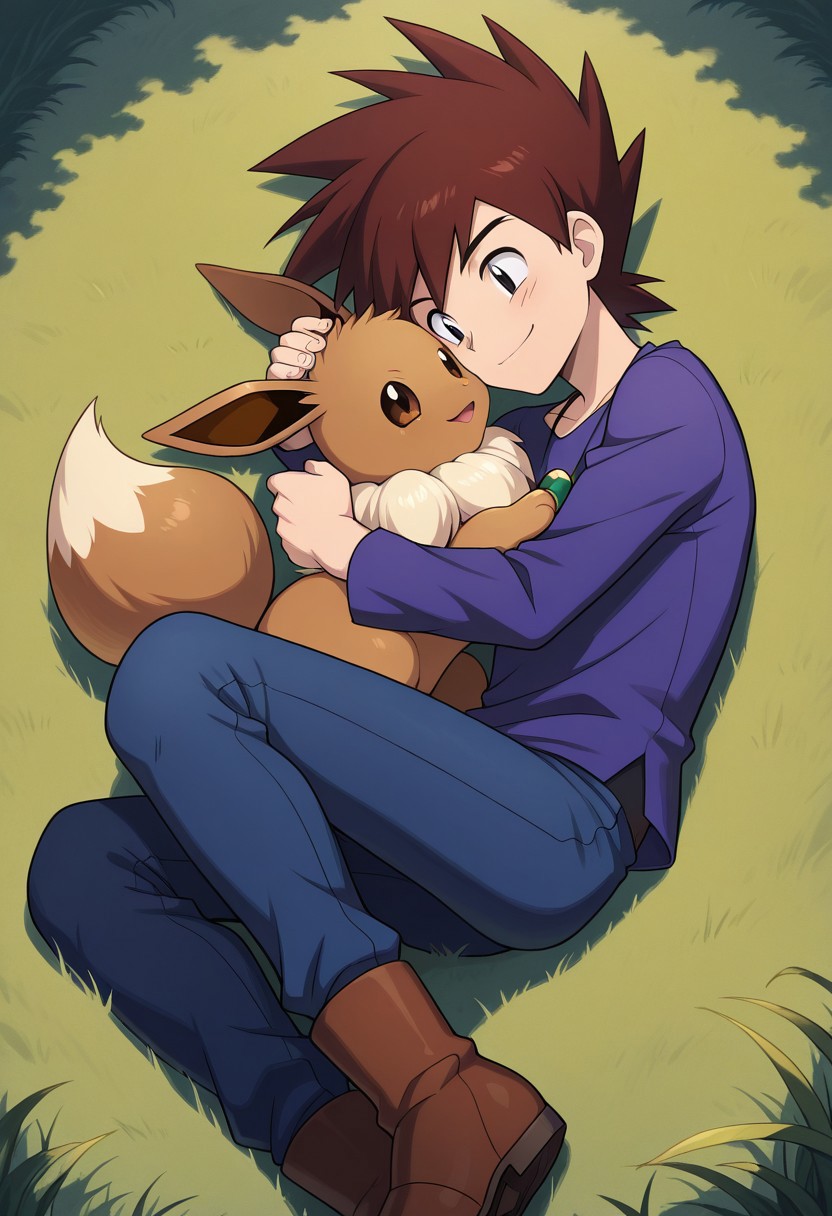 masterpiece,best quality,amazing quality, source_anime, 
gary_kanto, 1boy, male focus, solo, black eyes, brown hair, spiked hair, shirt, purple shirt, jewelry, necklace, pants, blue pants, boots, brown footwear, smile, pokemon, eevee, hug,
outdoor, lying, on back, grass,