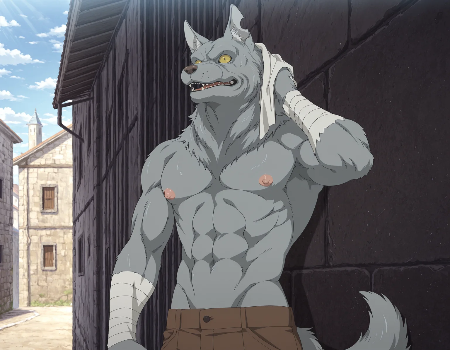 official art, masterpiece, best quality, amazing quality, male, males only, male focus,, male, solo, Wolfgang, tail, yellow eye, bandages ( muscular, puffy nipples), day, back alley