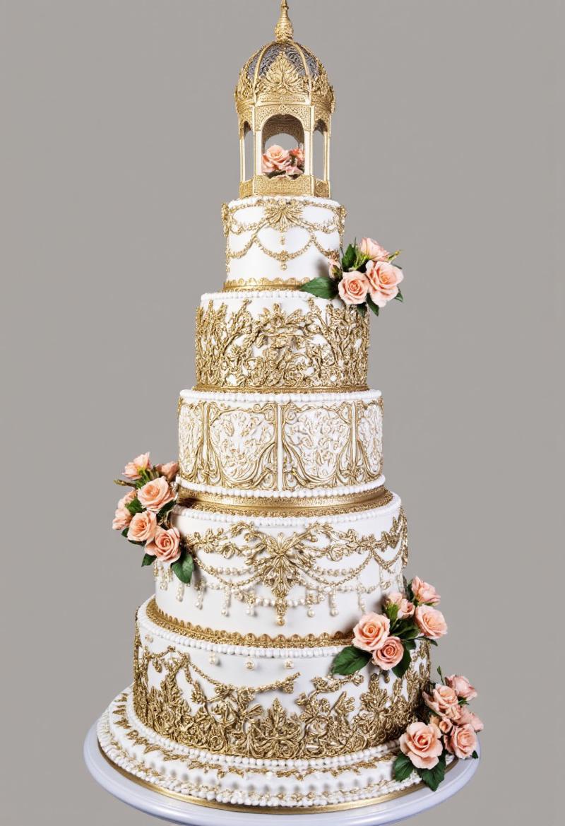An extravagant eight-tier cake with baroque-inspired sugar moldings and hand-painted gold detailing. The tiers are adorned with edible gilded embroidery, sugar-draped garlands, and intricate latticework. A dramatic sugar gazebo, encrusted with gold filigree and pearl accents, sits atop the highest tier, while delicate sugar butterflies and cascading peach sugar blossoms add a touch of romantic whimsy.