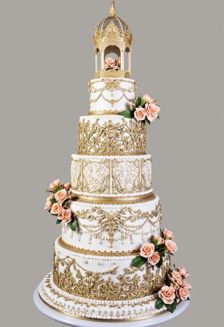 An extravagant eight-tier cake with baroque-inspired sugar moldings and hand-painted gold detailing. The tiers are adorned with edible gilded embroidery, sugar-draped garlands, and intricate latticework. A dramatic sugar gazebo, encrusted with gold filigree and pearl accents, sits atop the highest tier, while delicate sugar butterflies and cascading peach sugar blossoms add a touch of romantic whimsy.