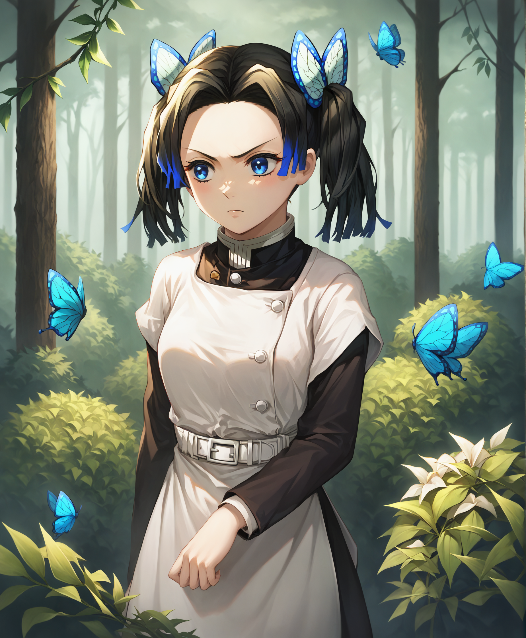 score_9, score_8_up, score_7_up, highres, hi res, best quality, masterpiece, 2d, intricate details, 4k, anime coloring, shadow, uncensored,
1girl, solo, female, blue eyes, black hair, hair ornament, side ponytail, parted bangs, v-shaped eyebrows, forehead, butterfly hair ornament,
long sleeves, dress, jacket, short sleeves, apron, layered sleeves, short over long sleeves, demon slayer uniform,
looking at another,
outdoors, forest, bushes, branches, foliage, kanzaki aoi \(kimetsu no yaiba\), kimetsu no yaiba, <lora:KanzakiAoi1024_Pony:1>