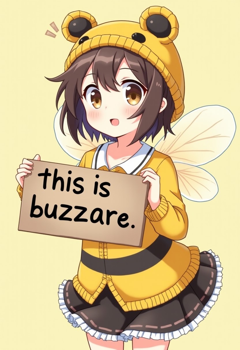 a bee girl holding a sign that says "this is buzzare". anime art style.