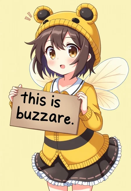 a bee girl holding a sign that says "this is buzzare". anime art style.