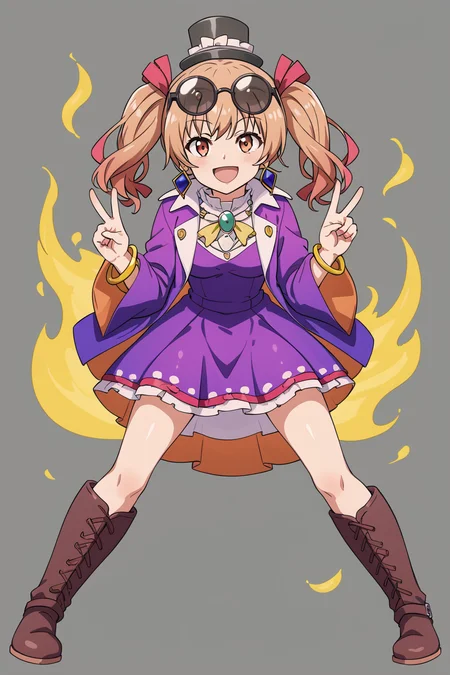 <lora:yorigami_joon:1>,1girl,yorigami jo'on,top hat, eyewear on head, boots,purple dress,standing,yorigami joon, boots,full body,open mouth, smile,