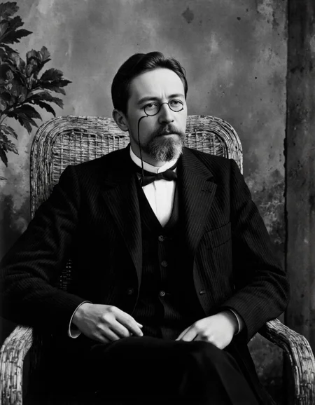 Rembrandt style, <lora:Dark_Ghibli:0.6>, This black-and-white photograph captures a man in a formal, pinstriped suit seated in a wicker chair. The man, with a full beard and glasses, is dressed in a black suit jacket with thin vertical stripes, a white dress shirt, a black bow tie, and black trousers. He is resting his right arm on the armrest of the chair, which has a woven, natural texture. His left arm is relaxed on his lap. The background shows a rough, textured wall with a plant on the left side, adding a natural element to the composition. The lighting is soft and even, casting gentle shadows that enhance the textures of the wicker chair and the manâs suit. The photograph has a classic, vintage feel, possibly dating back to the early 20th century, as indicated by the style of clothing and the chair. The man's demeanor is calm and contemplative, with a slight smile on his face, suggesting a moment of reflection or relaxation. The overall atmosphere is serene and timeless, emphasizing the elegance and simplicity of the subject and his surroundings.., . Baroque, chiaroscuro, realistic, emotional, "flat, <lora:Ð§ÐÐ¥ÐÐ:1>, lighting