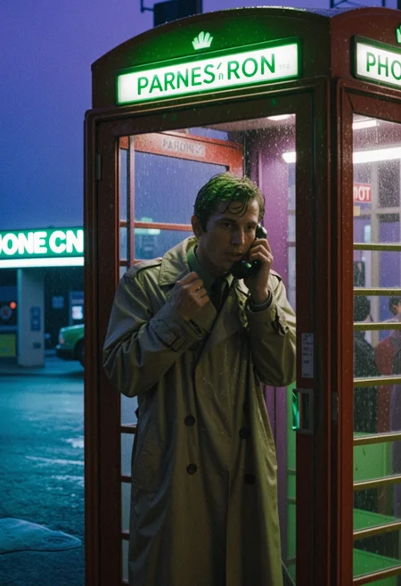 film photography shot by rmuller, man in trench coat, wet, talking on the phone, inside american phone booth, sign reads "PHONE BOOTH" arm on glass, raining, paranoia, thunderstorms, neon green light, crowded city streets during magic hour, neon signs, purple and red sky, natural light, depth of field, beautiful bokeh, masterpiece, cinematic, 8k resolution, intricate detail, sharp focus. Hyperrealistic, dramatic lighting, moody atmosphere, 
