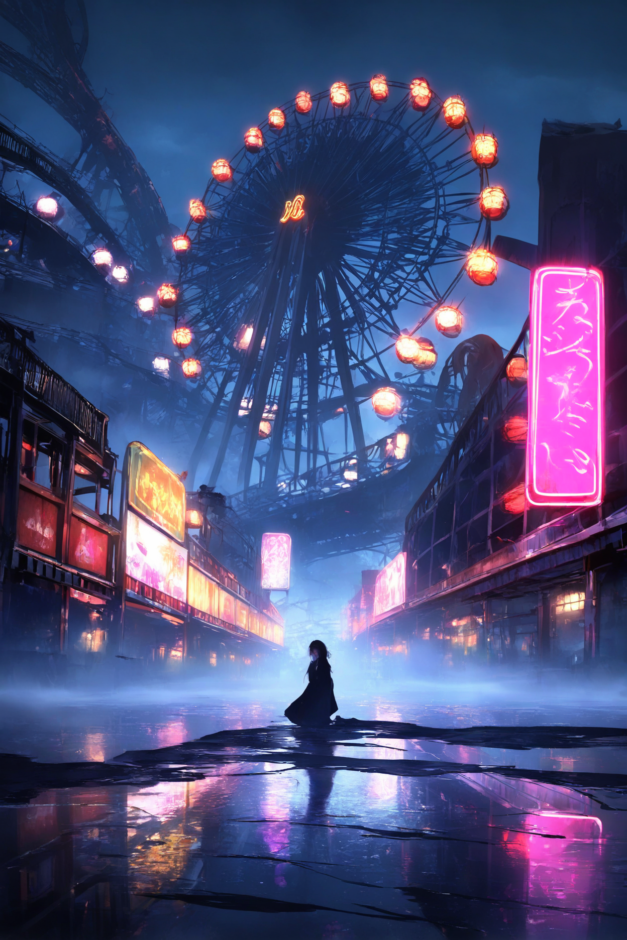 abandoned, empty amusement park, midnight, colorful lights, neon lights, reflections on wet ground, fog, mist, silence, stillness, creepy atmosphere, rollercoaster, ferris wheel, game stalls, empty benches BREAK wide shot, establishing shot, dynamic pose, long exposure, blurred lights, shallow depth of field, masterpiece, best quality, absurdres