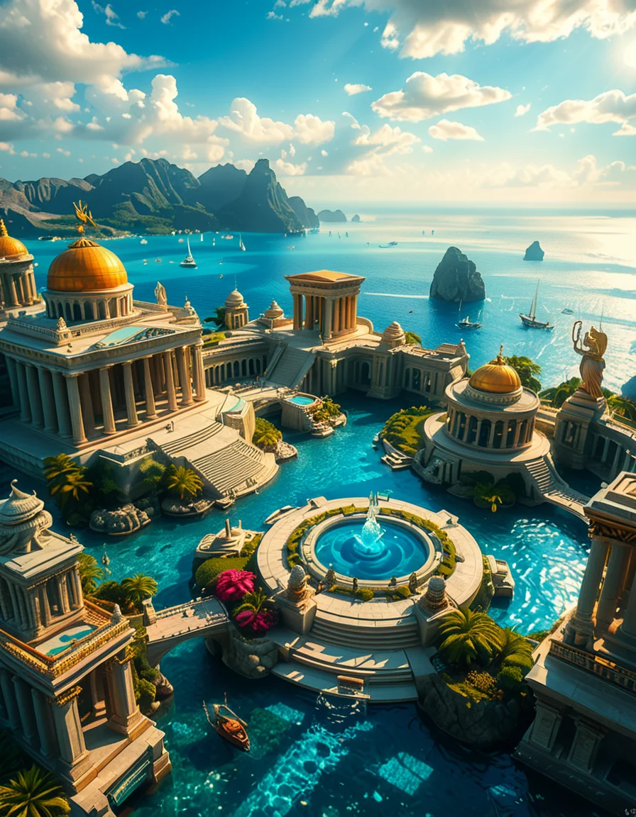 A breathtaking view of the lost city of Atlantis, submerged beneath crystal-clear ocean waters. The city showcases a magnificent blend of ancient Greek and futuristic architecture, with towering marble temples, golden domes, and intricate carvings glowing under the soft bioluminescent light of coral reefs. Majestic pillars and archways, partially covered in coral and algae, rise from the ocean floor, creating an atmosphere of mystery and forgotten grandeur. The sunlight filters through the water, casting shimmering patterns on the grand stone pathways and illuminating massive statues of gods and mythical beings, eroded by time. The scene is peaceful and awe-inspiring, with an ethereal blue glow enhancing the dreamlike, almost magical quality of this underwater utopia. No marine creatures or human presence disrupt the timeless serenity of this lost civilization.
<lora:atl4nt1s:1>,atl4nt1s,<lora:SDXLFaeTastic2400:0.4> <lora:extremely_detailed:0.4> extremely detailed, Masterpiece,best quality,hi res,8k,hi res,8k,award winning,(sharp focus, intricate, highly detailed),