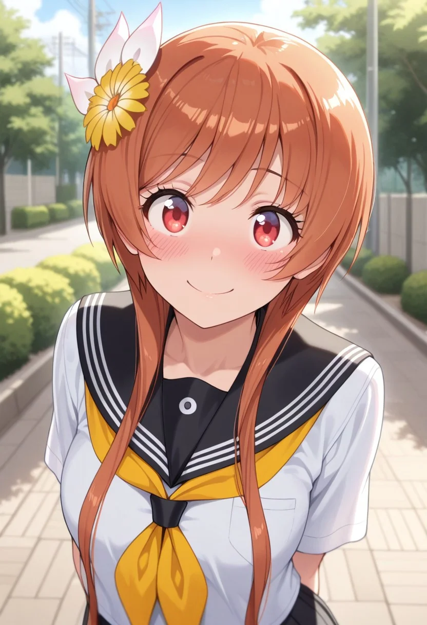 masterpiece,best quality,amazing quality, tachibana marika, orange hair, red eyes, long hair, 1girl, school uniform, blush, smile, flower, hair ornament, hair flower, serafuku, short hair with long locks, solo, outdoors