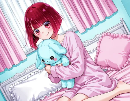 1girl,indoors,girl's room,arima kana, curtains,
yume kawaii,holding cushion,stuffed toy,wariza on bed,smile,dutch angle, upper body,
watercolor \(medium\),
<lora:nakayoshi_style:1>