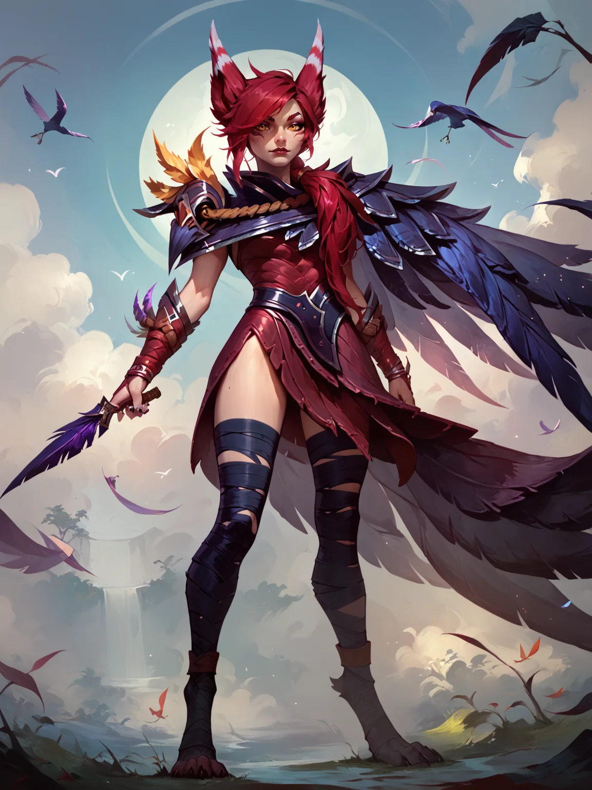 score_9, score_8_up, score_7_up, XayahNormal, 1girl, solo, red animal ears, facial marks, yellow eyes, red long hair, vambraces, feather cloak, red leather dress, bandages on legs, bird legs, concept art <lora:XayahNormal:1> <lora:Concept Art Twilight Style SDXL_LoRA_Pony Diffusion V6 XL:1>