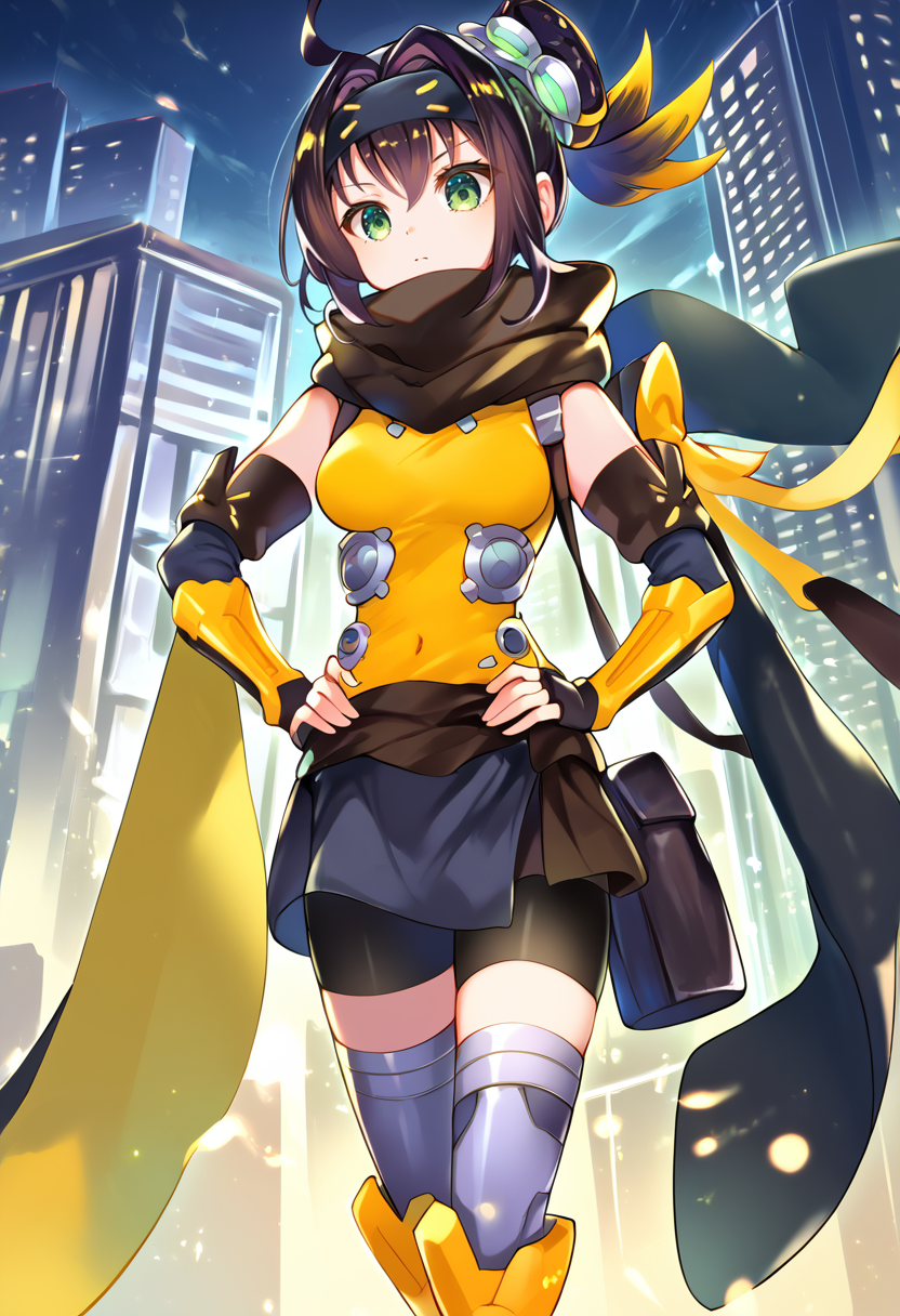 (score_9:0.9),score_8_up,score_7_up,anime style,rating_safe,(zPDXL),<lora:Sp little knight ponyXL v2:0.87>,Sp little knight,yellow clothes,black forehead protector,black fingerless elbow gloves,yellow thigh boots,silver hair ornament,1girl,solo,standing,holding,night,closed mouth,medium breasts,cityscape,hands on own hip,