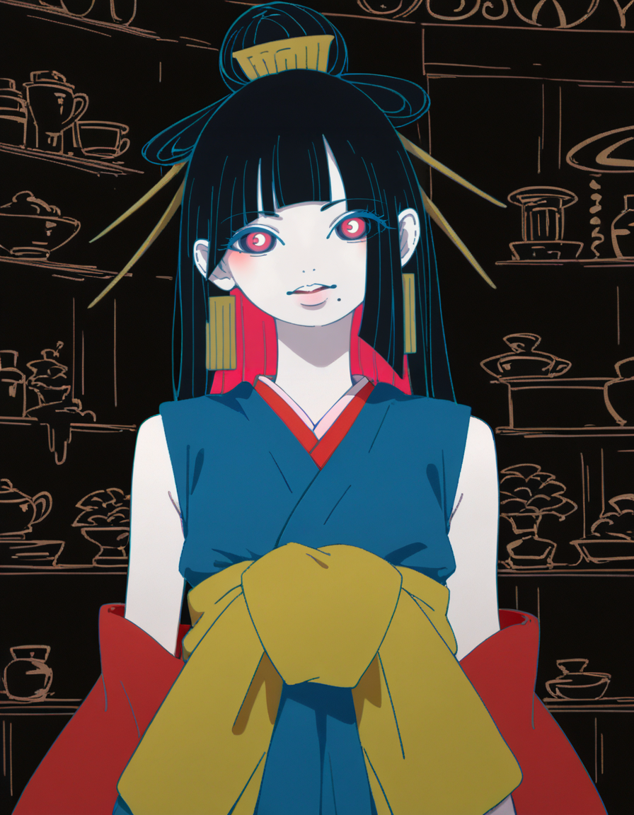 score_9, score_8_up, score_7_up, score_6_up, score_5_up BREAK hyururirapappa, flat color, 1girl, mole under mouth, colored sclera, pink eyes, symbol-shaped pupils, long hair, black hair, bracelet, blue kimono, sleeveless, earrings, hair stick, hime cut, sidelocks, hair ornament, colored inner hair, yellow obi, red sleeves, detached sleeves, pale skin, <lora:tukiGirlPDXL16v0.95cametx1:0.8>, cowboy shot, looking at viewer, solo