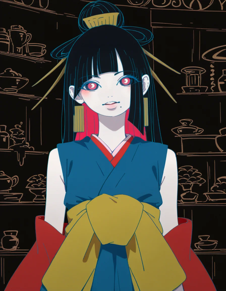 score_9, score_8_up, score_7_up, score_6_up, score_5_up BREAK hyururirapappa, flat color, 1girl, mole under mouth, colored sclera, pink eyes, symbol-shaped pupils, long hair, black hair, bracelet, blue kimono, sleeveless, earrings, hair stick, hime cut, sidelocks, hair ornament, colored inner hair, yellow obi, red sleeves, detached sleeves, pale skin, <lora:tukiGirlPDXL16v0.95cametx1:0.8>, cowboy shot, looking at viewer, solo