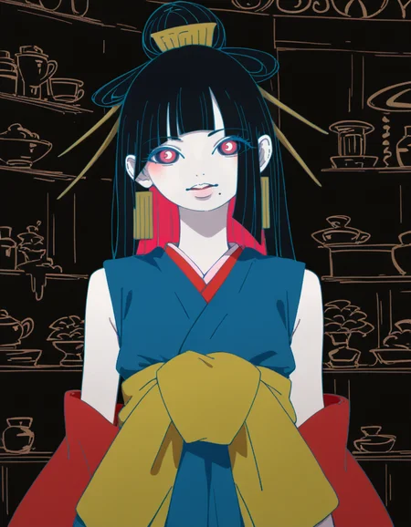 score_9, score_8_up, score_7_up, score_6_up, score_5_up BREAK hyururirapappa, flat color, 1girl, mole under mouth, colored sclera, pink eyes, symbol-shaped pupils, long hair, black hair, bracelet, blue kimono, sleeveless, earrings, hair stick, hime cut, sidelocks, hair ornament, colored inner hair, yellow obi, red sleeves, detached sleeves, pale skin, <lora:tukiGirlPDXL16v0.95cametx1:0.8>, cowboy shot, looking at viewer, solo