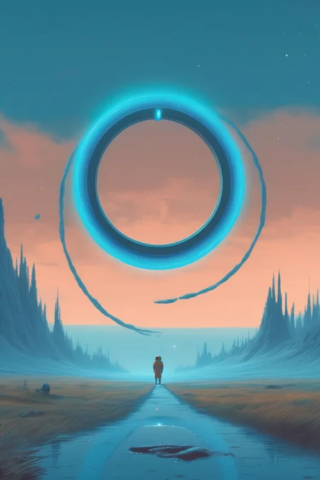 <lora:Christopher Balaskas Style:1>Christopher Balaskas Style - A 2D illustration of a blue ring in outerspace, leaving a lasting legacy in the digital world. Imagined by Simon Stlenhag and wes anderson. Created
