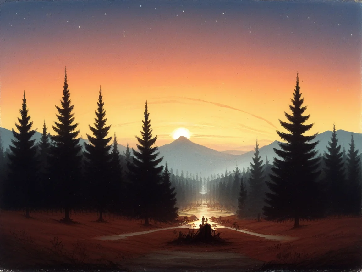 score_9, score_8_up, score_7_up, score_6_up, score_5_up, <lora:fr13dXLP:1> fr13d, outdoors, scenery, traditional media, landscape, sunset, bare trees, forest, cosmic horror