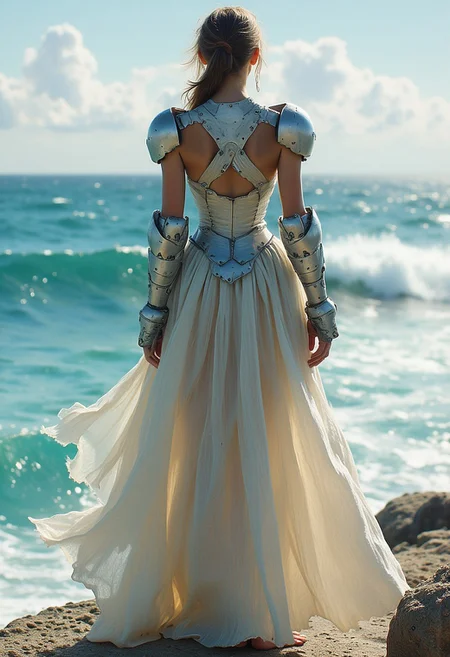 hkmecha in the style of Henry Scott Tuke, a Female Mecha Fighter in billowing translucent Dress at the SEA,