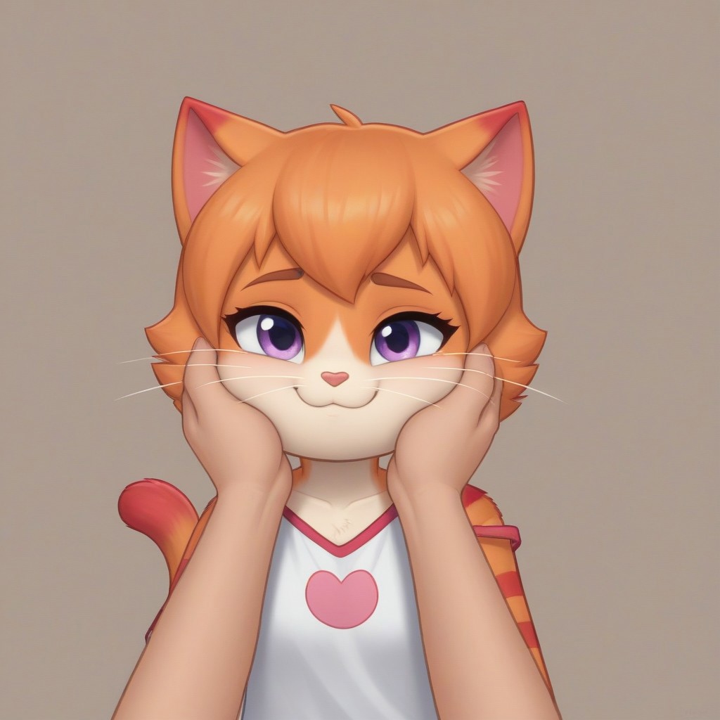 SuperKitties, Anthropomorphic body, Ginny, mammal, furry, orange tabby munchkin, \(artwork\), 2023, solid color background, human hands (skin tone: white peach skin), shaded, portrait, fur, female, biped, short stack, purple eyes, red stripes, cat tail, ears down, brown thin eyebrows, one eye opened, light pink solid color shirt, oversized shirt, one shoulder off, magenta dolphin shorts, looking at the viewer, one eyelash, POV both hands on cheeks, both hand holding, smiling, sad, mouth closed, no hair only fur, shading, oval-shaped head, white whiskers, white vanilla colored hands and feet (paws) close up