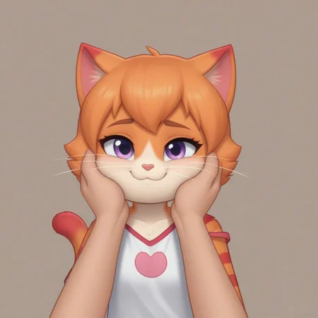 SuperKitties, Anthropomorphic body, Ginny, mammal, furry, orange tabby munchkin, \(artwork\), 2023, solid color background, human hands (skin tone: white peach skin), shaded, portrait, fur, female, biped, short stack, purple eyes, red stripes, cat tail, ears down, brown thin eyebrows, one eye opened, light pink solid color shirt, oversized shirt, one shoulder off, magenta dolphin shorts, looking at the viewer, one eyelash, POV both hands on cheeks, both hand holding, smiling, sad, mouth closed, no hair only fur, shading, oval-shaped head, white whiskers, white vanilla colored hands and feet (paws) close up