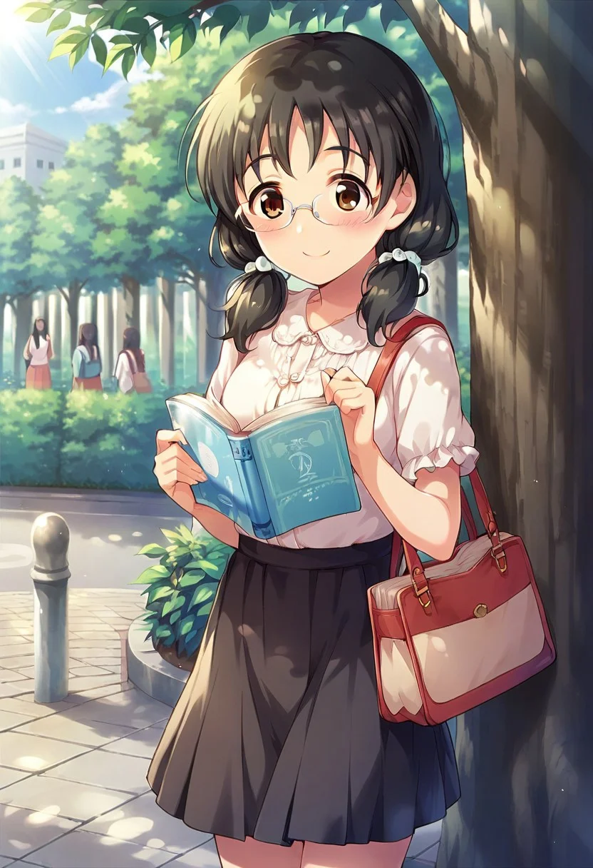 score_9, score_8_up, score_7_up, source_anime,asano fuuka, brown eyes, glasses, black hair, book, blush, solo focus, bag, twintails, skirt, sunlight, multiple girls, smile, tree