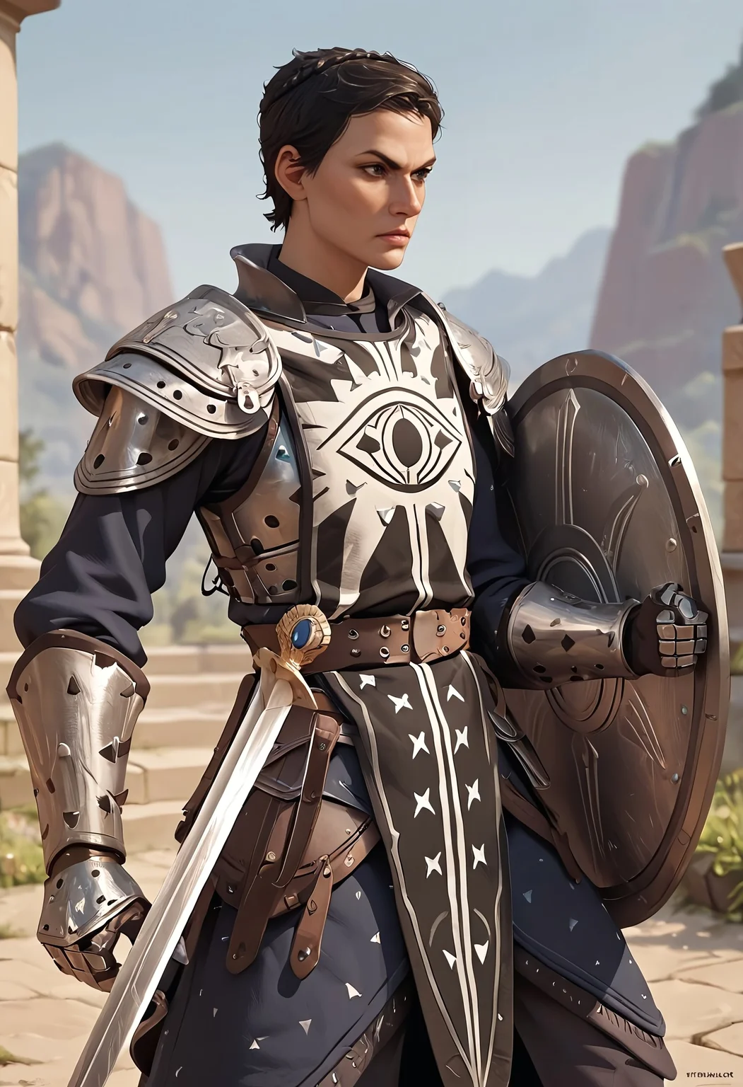 score_9, score_8_up, score_7_up, score_6_up, score_5_up, score_4_up, 1girl, Pentaghast, cowboy shot, action pose, inquisition emblem, tabard, breastplate, armor, shield, sword, looking away, BREAK, (best quality), (ultra-detailed), (masterpiece), (perfect anatomy), (masterpiece), best quality, expressive eyes, perfect face,  <lora:DAI_Cassandra:0.8>