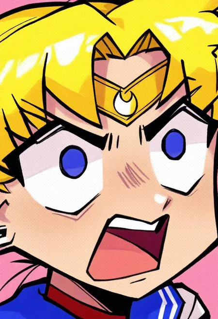 masterpiece, best quality, newest, absurdres, highres, fisheye view.
sailor moon, blonde hair, blue eyes, open mouth, aggressive, surprised, angry.
pink background