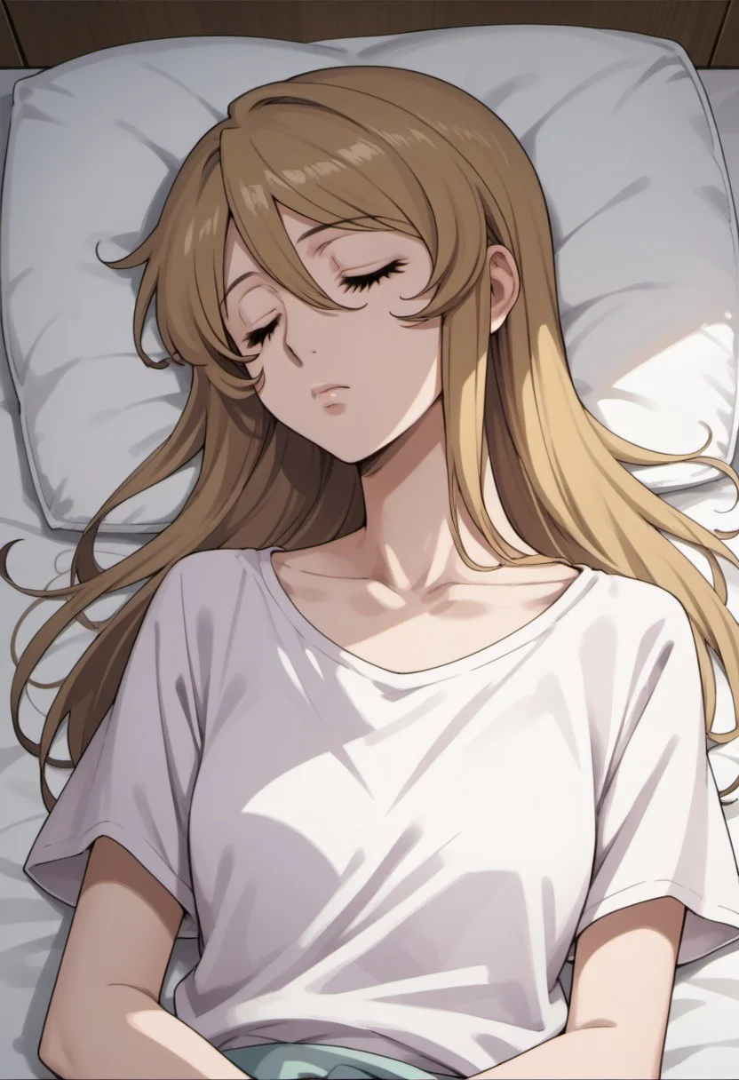 score_9, score_8_up, score_7_up, source_anime, mori yuki, dirty-blonde hair, long hair, purple eyes, 1girl, closed eyes, solo, pillow, sleeping, anime coloring, lying, collarbone, on back