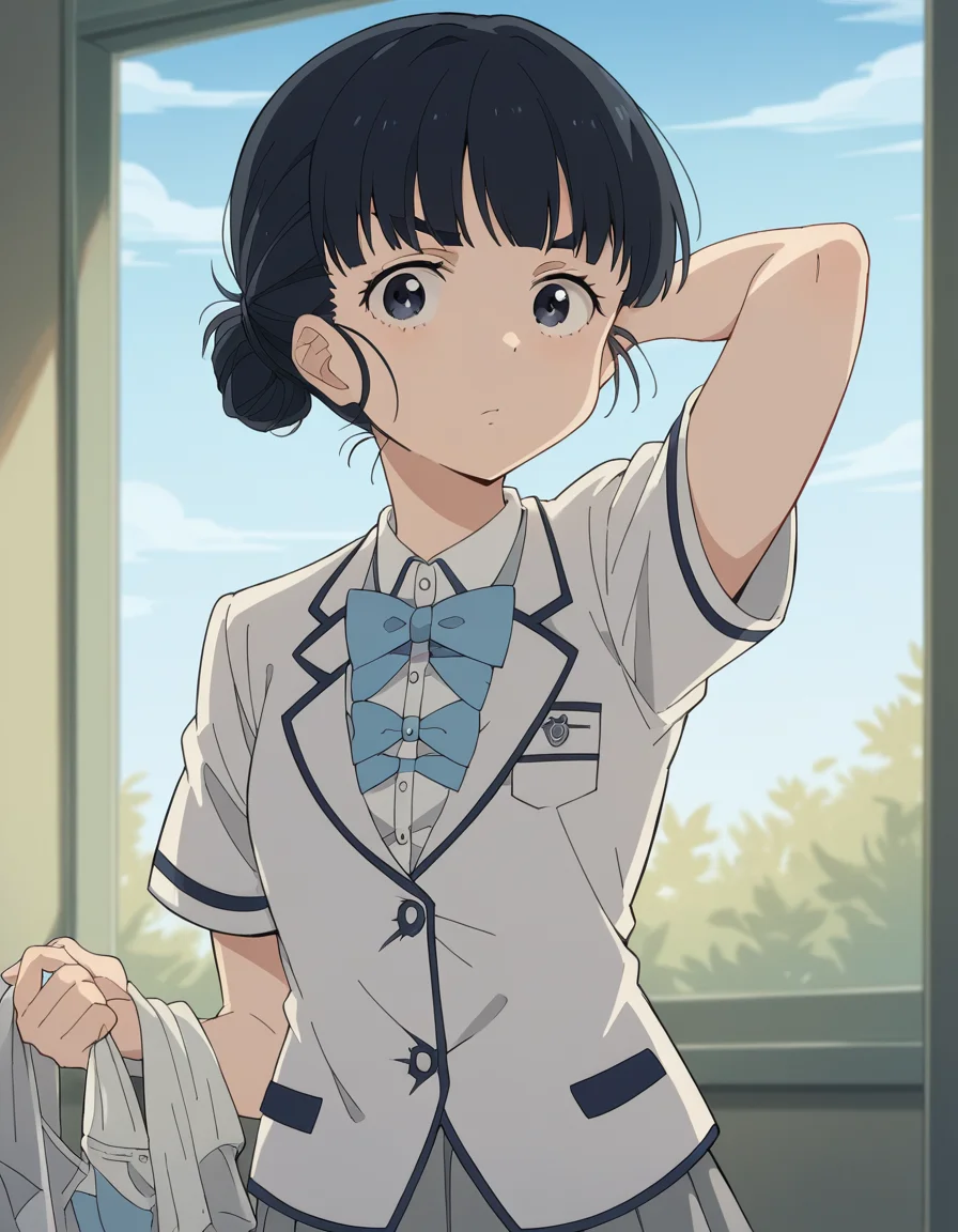 score_9, score_8_up, score_7_up, source_anime, <lora:tiara-basori-s1-ponyxl-lora-nochekaiser:1>, tiara basori, bangs, black hair, hair bun, black eyes, single hair bun,, skirt, shirt, bow, school uniform, white shirt, short sleeves, grey skirt, pleated skirt, bowtie, blue bowtie, blue bow, blazer,, laundry day, clothesline, drying clothes, domestic life, fresh air, blue sky, , looking at viewer, hand behind head, , solo,, cowboy shot, dutch angle