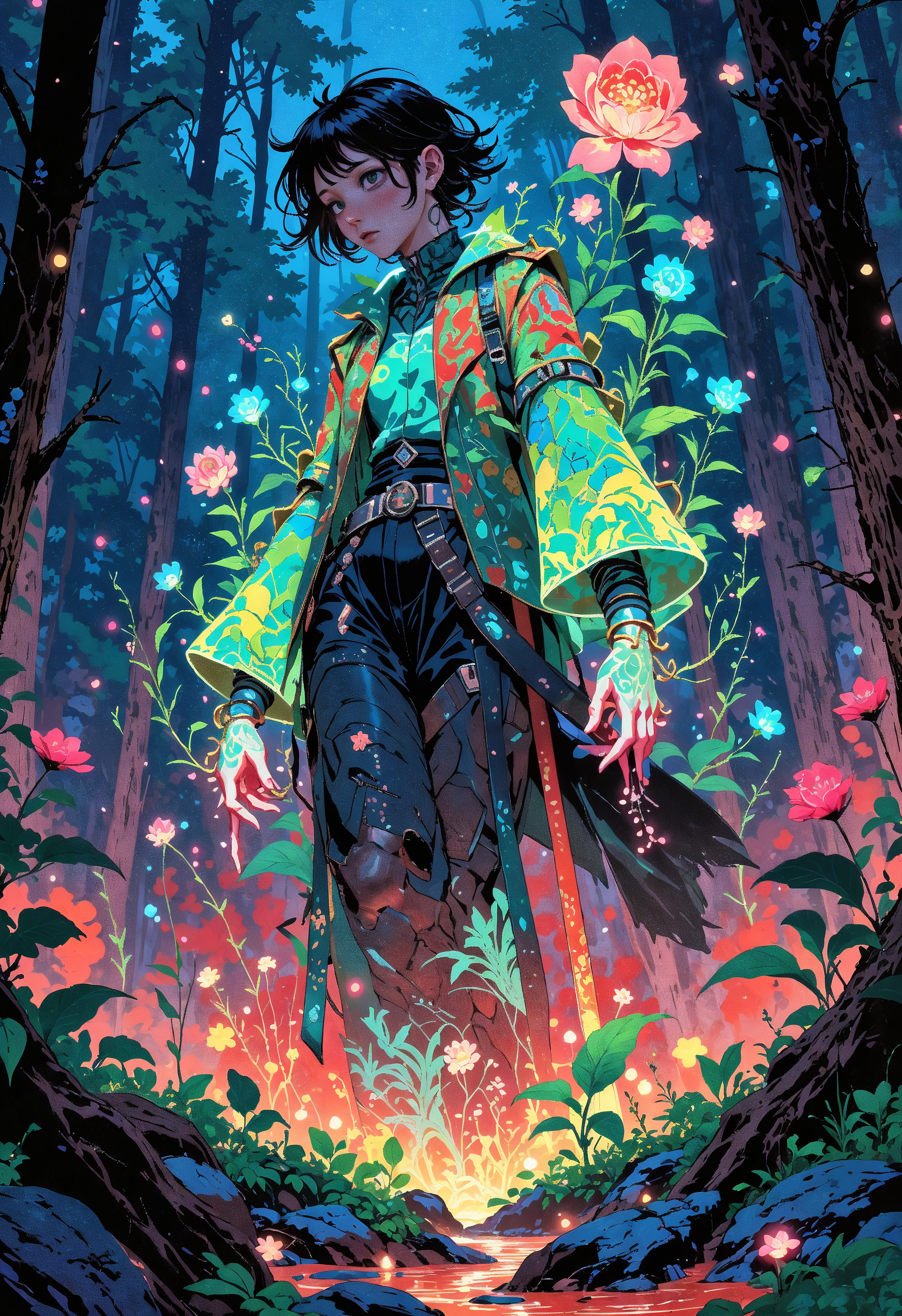 (in Otomo Katsuhiro style:1.2), masterpiece, high-quality, An abstract botanist character with arms covered in blooming bioluminescent flowers that seem to grow as they move, Her outfit combines loose leaf-patterned fabric and a jacket with geometric botanical designs, the ground she walks on turns to lush flora in her wake, The forest backdrop is alive with hazy colors and swirling light, bioluminescent flora, living botany, color haze, (Stylized in organic fantasy surrealism with a natural glow and detailed floral texture:1.2), (elaborate fine details:1.1), (hyperdetailed:1.1), (intricate details:1.0), (Refined details:1.1), (best quality:1.1), (high resolution:1.2), <lora:FLUX\Anime v1.3:0.6> <lora:FLUX\VividlyReal:0.6> <lora:FLUX\FLUX-daubrez-DB4RZ:0.4>