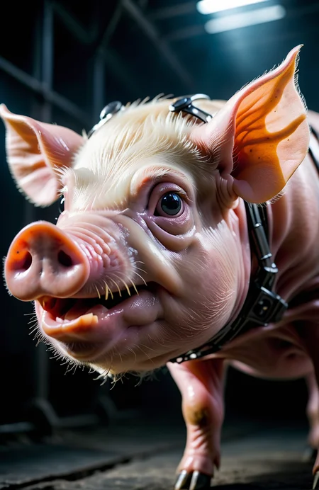a pig, hyperrealistic close-up translucent gothic exoskeleton Plus Science
and high sharpness, Sony Alpha 7R IV, 50mm lens, f/2.8 , 1/50s , iso3200
close-up ,  <lora:sdxl_photorealistic_slider_v1:2>🥰
and Fantasy , Exaggeration , Surreal<lora:add-detail-xl:1> ✨