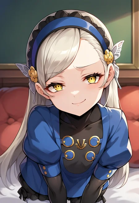score_9, score_8_up, score_7_up, source_anime, masterpiece, 1girl, ct_l4v3nza, platinum blonde hair, yellow eyes, blue short dress, puffy short sleeves, black elbow gloves, white pantyhose, black bloomers, shiny skin, smug, looking at viewer, indoors, depth of field, leaning forward,  <lora:Lavenza_p5_ct:0.9>