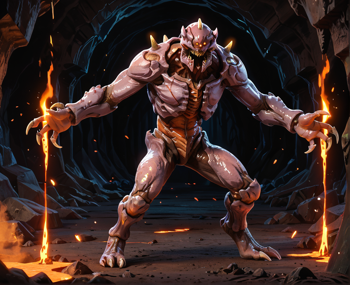 safe_pos, score_9_up,score_8_up,score_7_up,score_6_up,score_5_up,score_4_up, masterpiece, high quality, digital painting, source_monster, zPDXL3, BREAK, blurry background, cave background, hell, caverns, fire, lava, standing, arms outstretched, embers, glowing hands, pink skin, prowler, demon, doom, horror, horror (theme), monster, bones, claws, spikes, glowing eyes, split jaw, sharp teeth, shiny skin, exoskeleton, segmented body, shoulder spikes, four fingers, three eyes, extra eyes, <lora:Prowler for PonyXL:0.65>