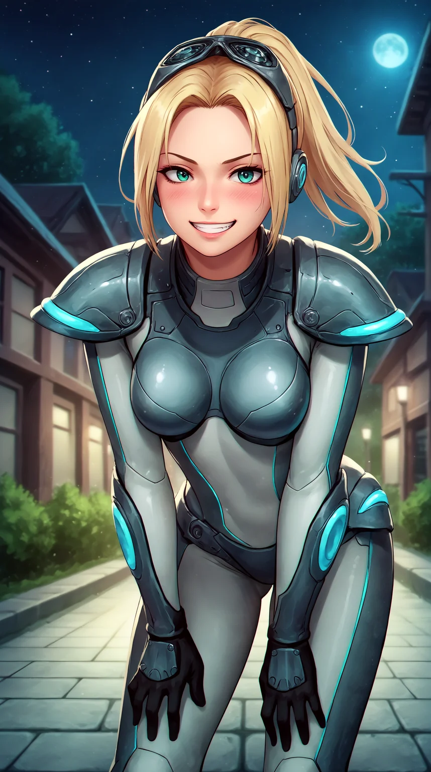 score_9, score_8_up, score_7_up, best background, detailed background, 4k, upscale, anime_source, Nova, Main Outfit, solo, bent over, grin, blush outdoors, night, <lora:JN_Nova_Pony:0.8>
