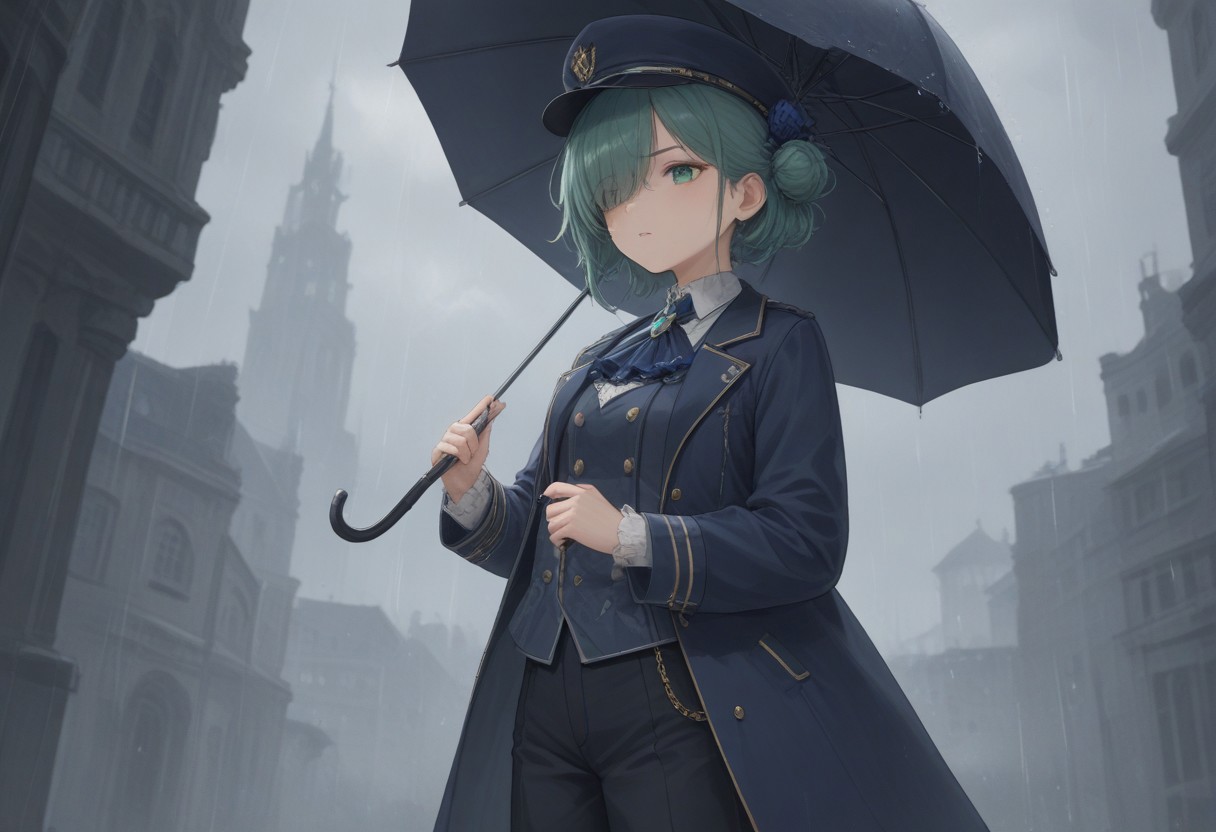 score_9, score_8_up, score_7_up,source_anime,
1girl, grey-green hair, grey-green eyes, side bun, navy blue coat, navy blue waistcoat, white lace ascot, blue brooch, black pants, cuffs, grey rose pattern, large black boater hat, light blue hat ribbon, one eye covered
holding umbrella, black umbrella
rain, storm clouds, crumbling buildings
