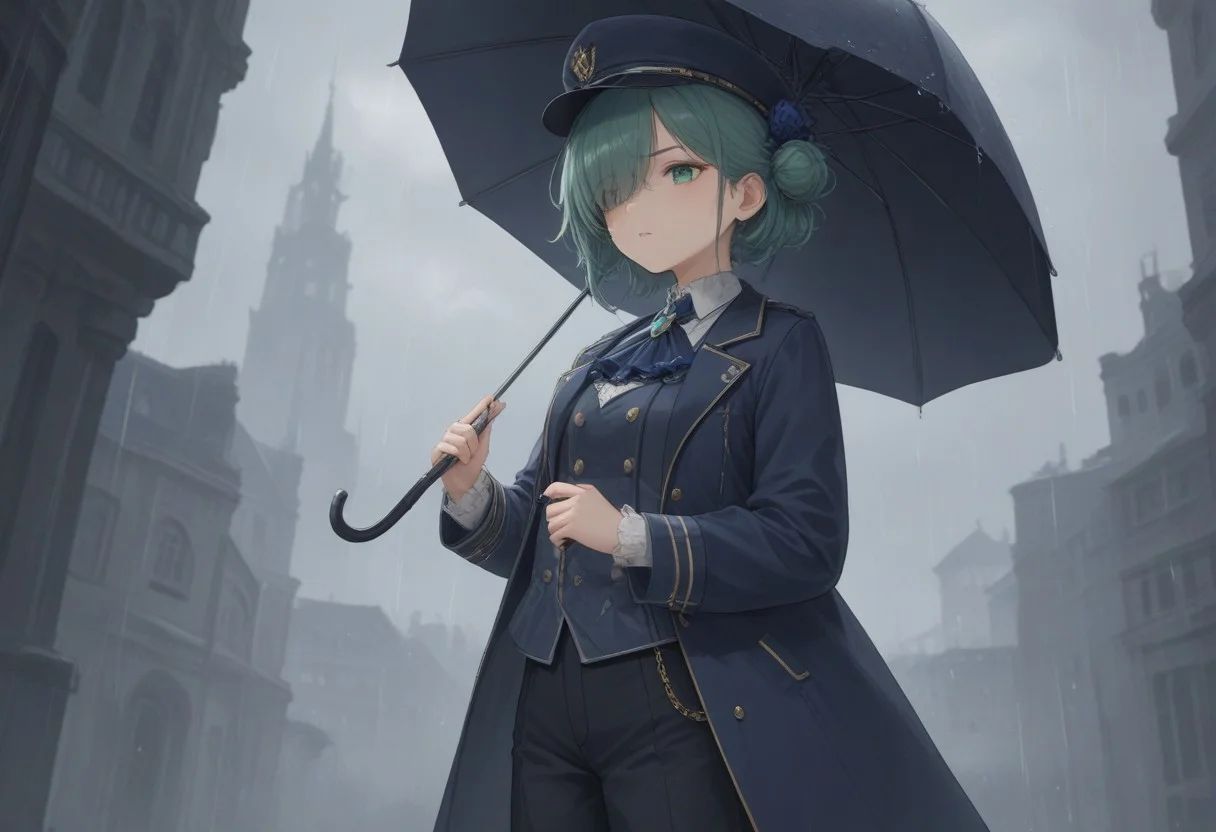 score_9, score_8_up, score_7_up,source_anime,
1girl, grey-green hair, grey-green eyes, side bun, navy blue coat, navy blue waistcoat, white lace ascot, blue brooch, black pants, cuffs, grey rose pattern, large black boater hat, light blue hat ribbon, one eye covered
holding umbrella, black umbrella
rain, storm clouds, crumbling buildings