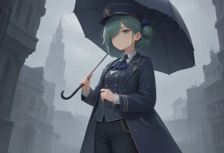 score_9, score_8_up, score_7_up,source_anime,
1girl, grey-green hair, grey-green eyes, side bun, navy blue coat, navy blue waistcoat, white lace ascot, blue brooch, black pants, cuffs, grey rose pattern, large black boater hat, light blue hat ribbon, one eye covered
holding umbrella, black umbrella
rain, storm clouds, crumbling buildings