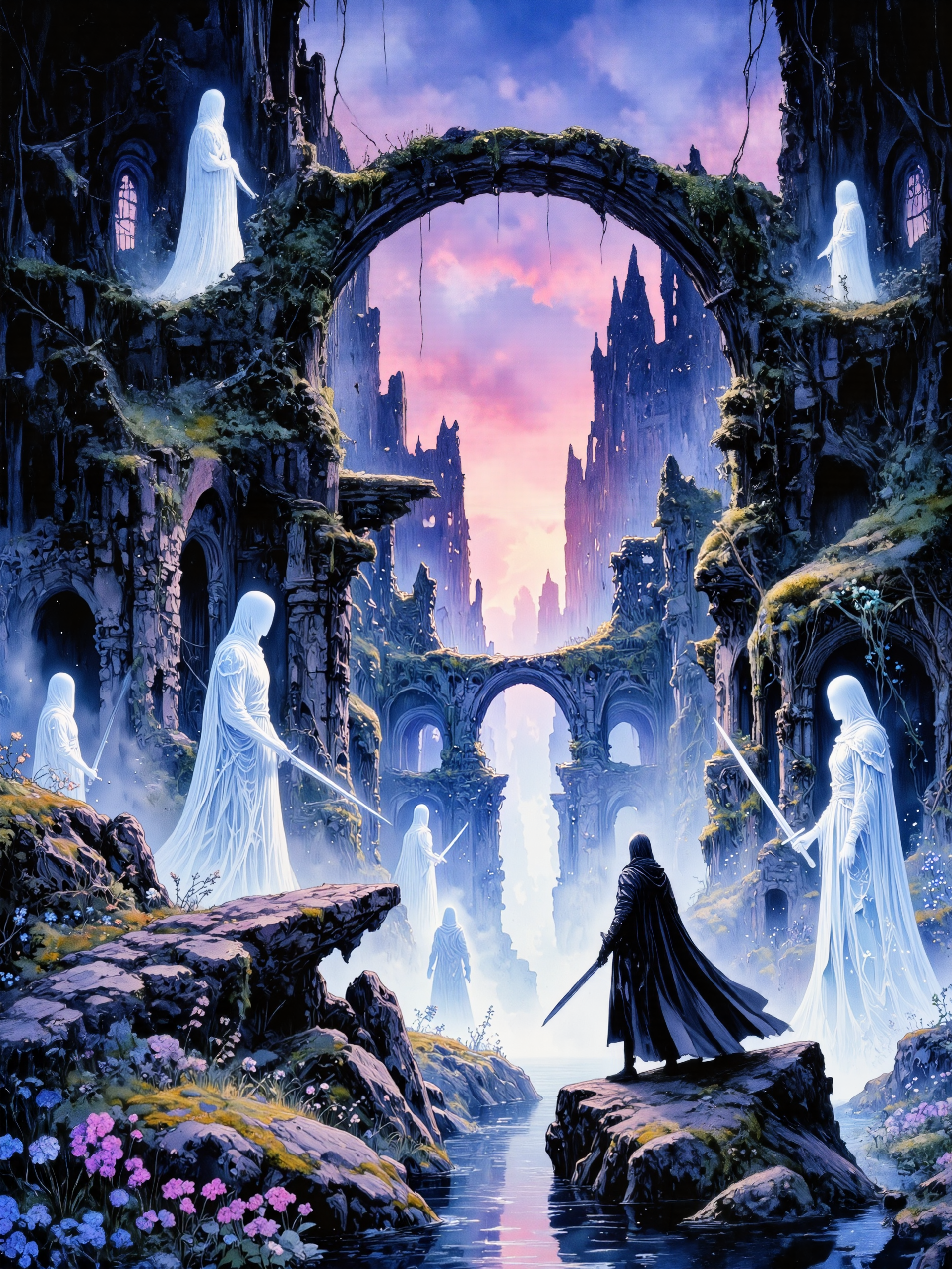masterwork illustration inspired by lord of the rings, ink and watercolor on textured handmade paper, epic, atmospheric and cinematic, rule of thirds composition, beautiful yet haunting, dreamlike and melancholic, the ruins of osgiliath, half-submerged in the anduin, their ancient stone bridges and crumbling towers bathed in the eerie glow of twilight, the sky painted in deep purples and blues, with mist rolling in from the river, spectral echoes of gondorian warriors still linger within the ruins, their ghostly forms barely visible through the haze, clad in tattered cloaks and shattered armor, remnants of a long-lost battle, in the foreground, a lone gondorian soldier stands amidst the ruins, his long, silver-trimmed cloak billowing slightly in the breeze, he gazes upon the spectral, translucent warriors with his sword in hand, ivy and pale blue wildflowers entwine around the ruins, glowing faintly in the fading light, the river anduin shimmers with an unnatural luminescence, reflecting the silhouettes of the fallen, painterly, handcrafted illustration, intricate watercolor textures and delicate inked linework, soft yet dramatic lighting enhances the mystical aura, creating a perfect balance between eerie and enchanting, an illustration in the style of a dark fairytale, artbook illustration, inspired by studio ghibli and kay nielsen, ovg, studio ghibli dark fairytale, <lora:style-dark_ghibli-flux-by_arsmachina:0.88> <lora:image_enhancer-flux-by_dever:0.76>