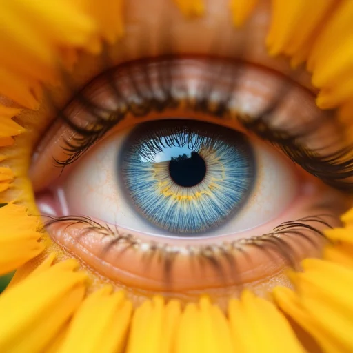 detailed_eye_model, signature, close-up, detailed eye, blue eyes, depth of field, blurry, eyelashes, realistic eye, sunflower, solo