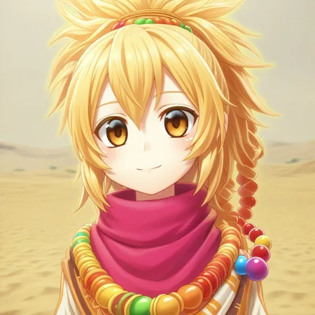mana_sk style, portrait, focus on face, a spirited desert nomad girl with sun-kissed skin and wild sandy blonde hair tied with colorful beads, vibrant golden-brown eyes radiating energy, wearing a scarf with intricate tribal patterns, her face partially obscured by swirling desert sand, Japanese RPG style, adventurous and exotic atmosphere, intricate details on her scarf and hair beads