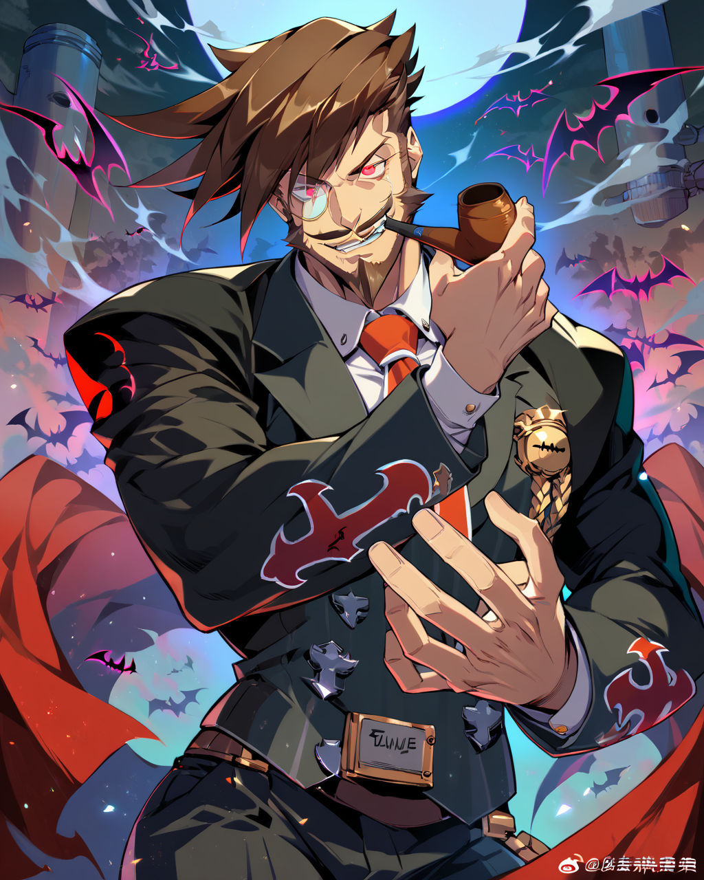 1boy, male focus, Slayer, guilty gear, score_9, score_8_up, score_7_up, score_6_up,  <lora:Slayer_from_Guilty_Gear:1>, solo, brown hair, smoking pipe, monocle, facial hair, mature male, vampire, smirk, tie, looking at viewer, toned, athletic, fit, fang, pipe, short hair, slicked to the side hair, mustache, male focus, best quality, amazing quality, best aesthetic, absurdres, smirk, evil smile, red eyes, glowing eyes, seductive, dandy, <lora:aesthetic_anime_v1s:0.4>, <lora:xl_more_art-full_v1:0.5> <lora:EpicF4nta5yXL:0.5>, (Holding a knife with a menacing glare), (joggers),