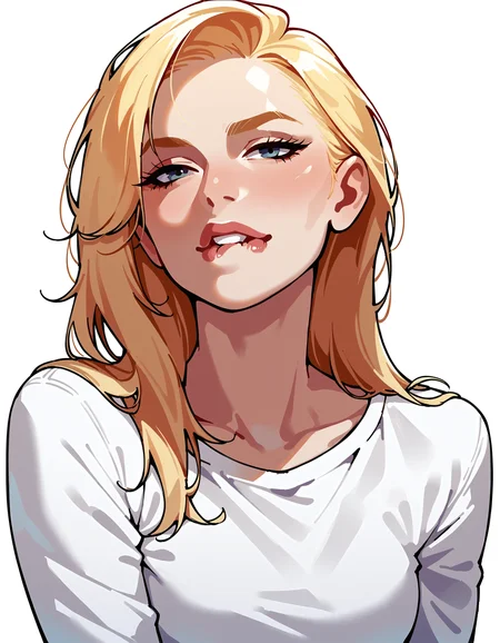score_9, score_8_up, score_7_up, score_6_up, score_5_up, score_4_up, 1girl, white background, lineart, source_anime, smooth outline, blonde hair, white shirt, biting own lip, seductive, from above